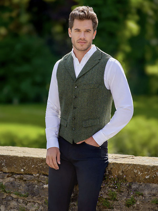 Harris Tweed Weste “Wales“ In Green Island Herringbone